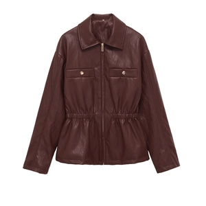 Dunkelbraune Damen-Kunstlederjacke mit elastischer Taille und Goldbeschlägen