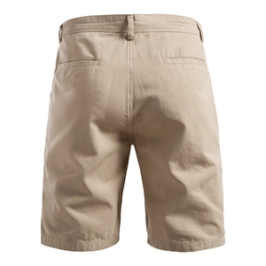 Detail view of khaki cotton cargo shorts featuring rear welt pockets and precise stitching