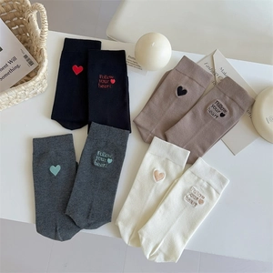 Cotton Slouch Socks Heart And Follow Your Heart Letter Embroidery Asymmetric Mid-calf