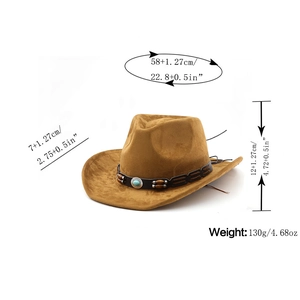 Brown faux suede cowboy hat detail showing dimensions and turquoise bead hatband
