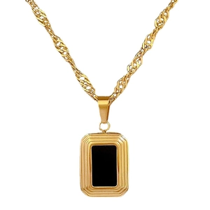Minimalist titanium steel gold necklace with square black pendant and textured border
