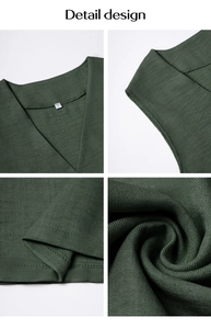 Detail view of dark green V-neck vest showing twill fabric texture and stitching