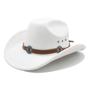 White felt western cowboy hat with brown ethnic strap and turquoise turquoise metal buckle