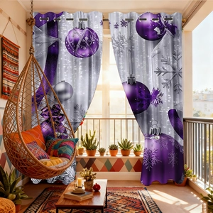 Detailed view of Christmas curtains featuring purple ornaments and large white snowflakes