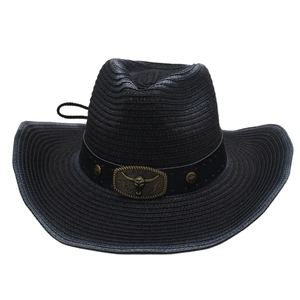 Black straw cowboy hat with metallic bull head detail and adjustable chin strap