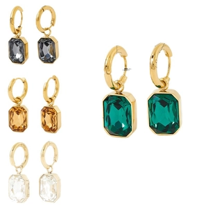 Luxurious gold-plated hoops with rectangular emerald, amber, and grey zircon stones