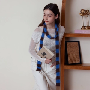 Damen Gestrickter Pelziger Gestreifter Schal Winter Warm Schmal Lang Halswärmer Kariert Y2K Streetwear Mode Accessoires