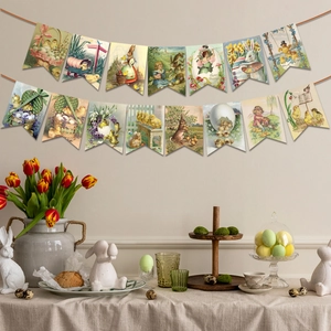 Detail of vintage Easter banner with bunny illustrations and Easter Greetings text