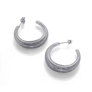Vintage stainless steel C-shaped spring hoop earrings with spiral texture in silver finish