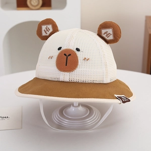 Detail of toddler mesh sun hat with cute bear ears and breathable netting fabric