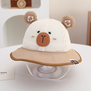 Detail of baby sun hat featuring breathable mesh, bear ears, and cute embroidery