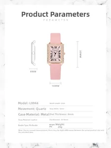 Detail of square quartz watch with pink leather strap and crystal-encrusted metal case