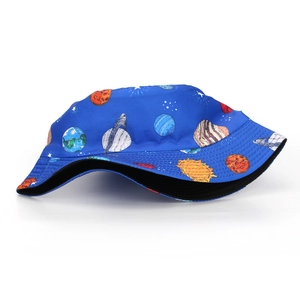 Unisex bucket hat featuring vibrant cosmic galaxy and solar system planet prints