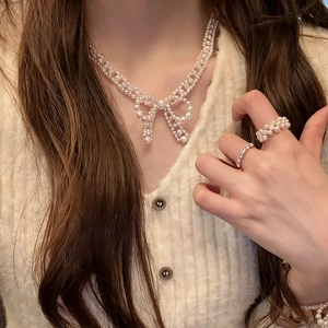 Elegant French Style Bow Imitation Artificial Pearl Necklace Bracelet And Rings For Women Graceful Lightweight Luxury Accessory