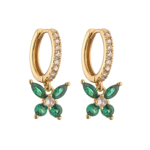 Gold plated butterfly hoop earrings with marquise green crystals and white zircon