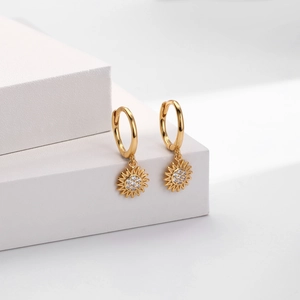 Detailed macro view of S925 sterling silver sunflower earrings with zircon stones