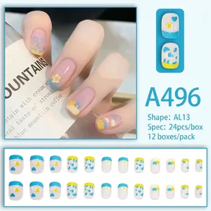 Short sky blue and yellow press-on nails with cute cloud, heart and flower patterns