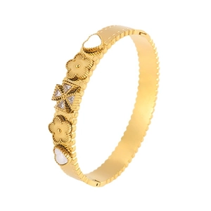 Gold titanium steel clover heart bangle with zircons and enamel flowers for women