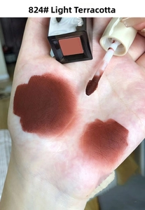 Swatches of 824 Light Clay lip glaze on skin showing matte texture and rich pigment