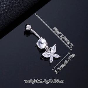 Detail view of butterfly navel ring with zircon inlay showing dimensions 3.4cm length