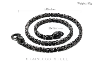Macro detail of stainless steel king chain necklace with skull clasps and measurements