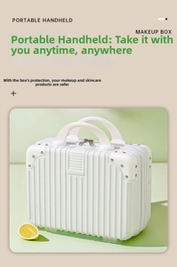 Detail of portable white makeup box with vertical stripes and reinforced corners