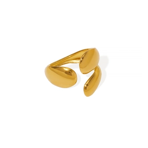 Modern gold hollow oval ring featuring an asymmetric leaf design in polished stainless steel