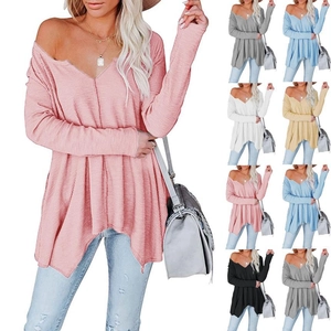 Pull Gaufrette pour Femmes Col en V Décontracté Manches Longues Pull Ample en Mélange de Coton pour Automne Hiver