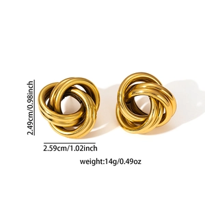 Exaggerated 18K gold plated stainless steel knot earrings with size and weight metrics