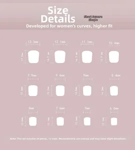 Detailed size chart for short square press-on nails with 12 dimensions in mm