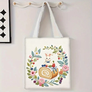 Gros plan de l'illustration de lapin fleuri sur un sac cabas en toile blanche