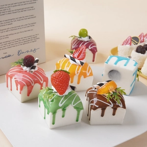 Set of six realistic PU square mousse cake models with faux fruit for home decoration