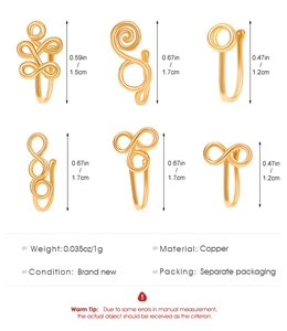 Detailed views of gold-plated copper non-pierced nose clips with dimensions and weight
