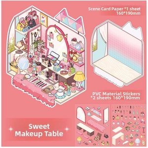 Detail of DIY 3D vanity desk theme sticker set with scenery card and PVC elements
