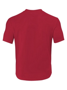 Detailed back view showing the waffle knit texture of a red crew neck short sleeve t-shirt