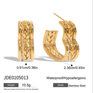 Detailed view of gold 18K stainless steel woven triple-hoop earrings with dimensions and specs