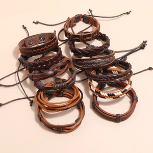 11-piece set of woven vintage leather bracelets in brown and multicolor cord styles