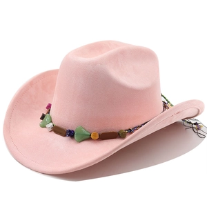 Detailed view of pink suede cowboy hat featuring colorful beaded trim and woven rope