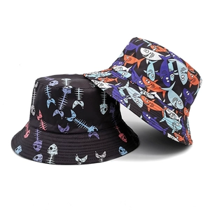 Chapeau Bob Réversible Polyester Imprimé Requin Arête De Poisson Protection Solaire Extérieur Unisexe