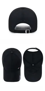 Detail view of black breathable mesh cap with silver metal buckle and sportstyle label