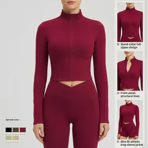 Women's slim fit yoga jacket and leggings set in burgundy with stand collar and zipper