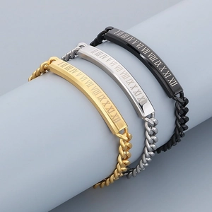 Three men's stainless steel curb bracelets with Roman numerals in gold, silver, and black