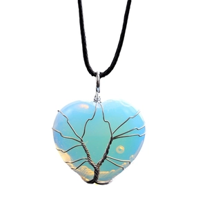 Heart pendant necklace with opal stone and wire-wrapped tree of life design on black cord