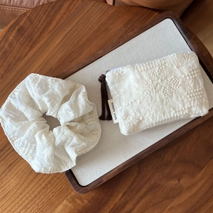 Floral embroidery cotton set with large scrunchie and matching zipper pouch in off-white