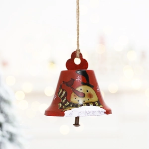 Red metal Christmas bell ornament with hand-painted snowman and rustic hemp rope