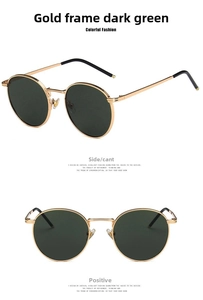 Front and side view of vintage round gold metal sunglasses with dark green lenses