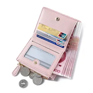 Pink minimalist short faux leather wallet for women with card slots and coin pocket