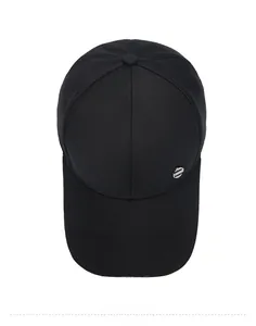 Top view of a black baseball cap for men featuring a metallic logo and twill fabric