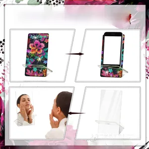 Detailed views of creative acrylic phone stand featuring DIY diamond painting floral patterns