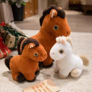 Cute cartoon plush horse dolls in white and brown with flower embroidery and soft fur